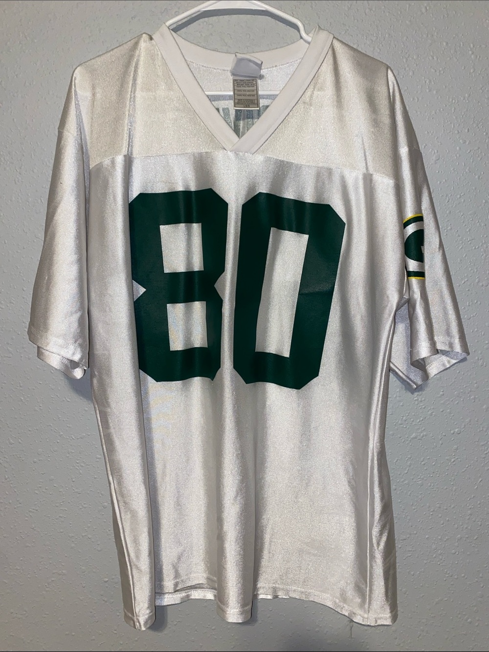 White “Driver” Football Jersey with Green 80 in both sides.